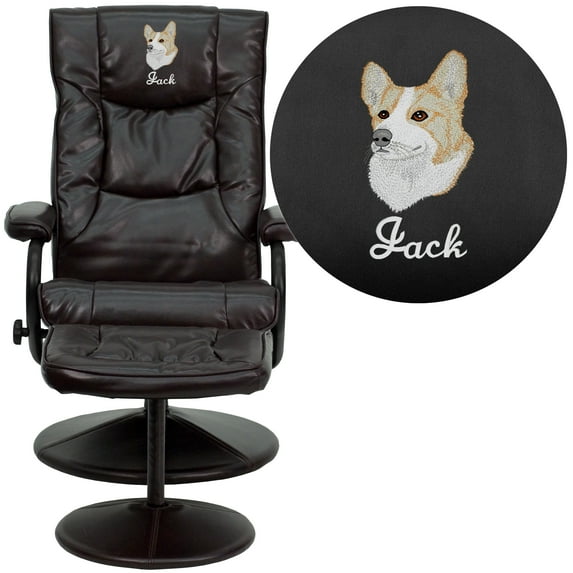 Flash Furniture Embroidered Contemporary Multi-Position Recliner and Ottoman with Wrapped Base in Brown LeatherSoft