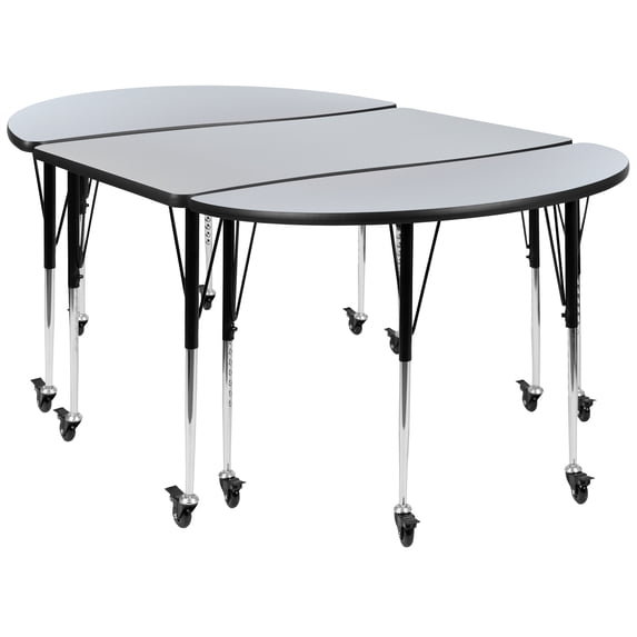 Flash Furniture Emmy 3 Piece Mobile 76" Oval Wave Flexible Grey Thermal Laminate Activity Table Set-Standard Height Adjustable Legs