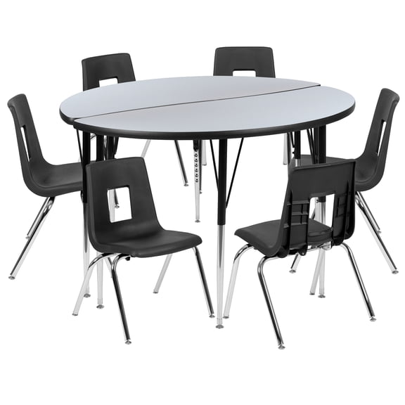 Flash Furniture Emmy 47.5" Circle Wave Flexible Laminate Activity Table Set with 16" Student Stack Chairs, Grey/Black