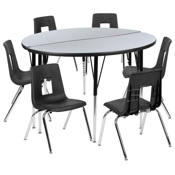 Flash Furniture Emmy 47.5" Circle Wave Flexible Laminate Activity Table Set with 18" Student Stack Chairs, Grey/Black