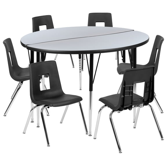 Flash Furniture Emmy 47.5" Circle Wave Flexible Laminate Activity Table Set with 18" Student Stack Chairs, Grey/Black