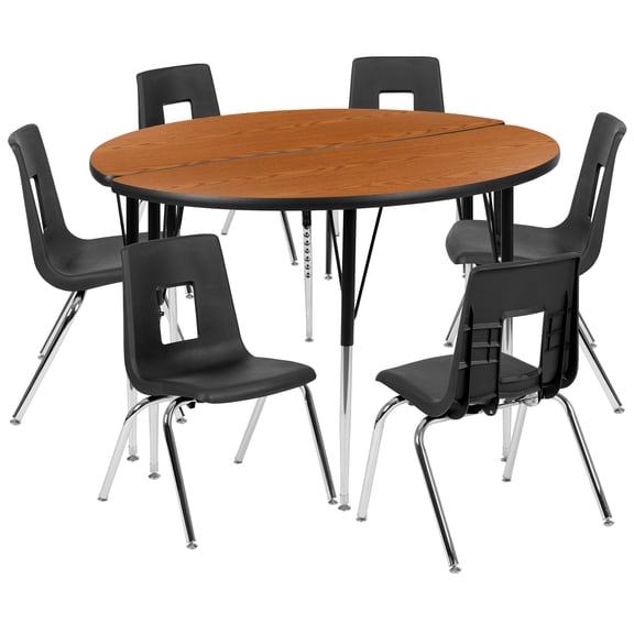 Flash Furniture Emmy 47.5" Circle Wave Flexible Laminate Activity Table Set with 18" Student Stack Chairs, Oak/Black
