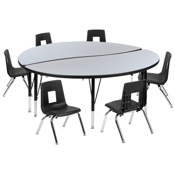 Flash Furniture Emmy 60" Circle Wave Flexible Laminate Activity Table Set with 12" Student Stack Chairs, Grey/Black