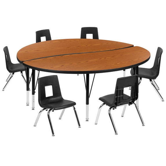Flash Furniture Emmy 60" Circle Wave Flexible Laminate Activity Table Set with 12" Student Stack Chairs, Oak/Black