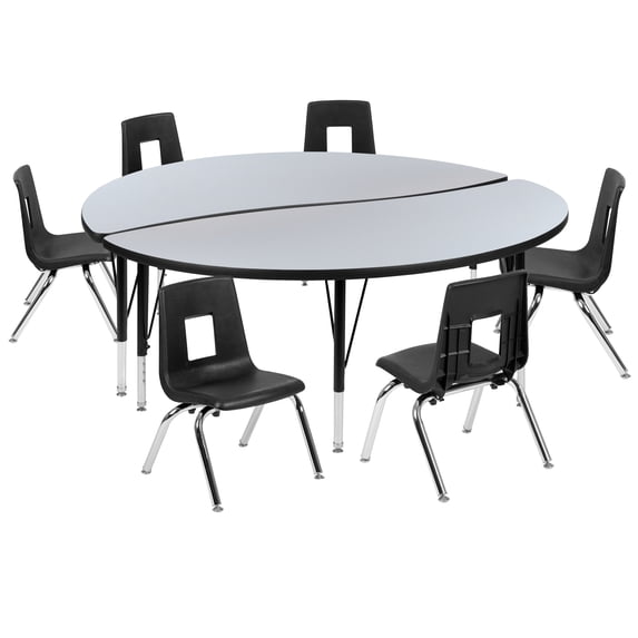 Flash Furniture Emmy 60" Circle Wave Flexible Laminate Activity Table Set with 14" Student Stack Chairs, Grey/Black