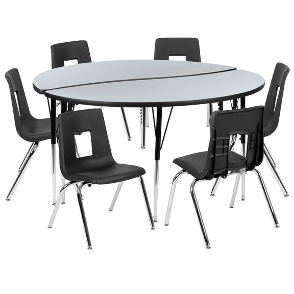 Flash Furniture Emmy 60" Circle Wave Flexible Laminate Activity Table Set with 16" Student Stack Chairs, Grey/Black