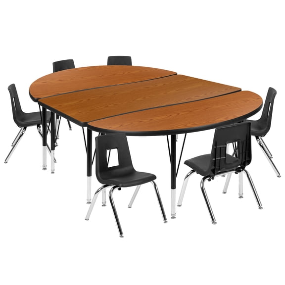 Flash Furniture Emmy 76" Oval Wave Flexible Laminate Activity Table Set with 12" Student Stack Chairs, Oak/Black