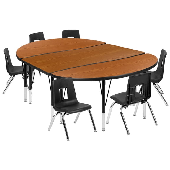 Flash Furniture Emmy 76" Oval Wave Flexible Laminate Activity Table Set with 14" Student Stack Chairs, Oak/Black