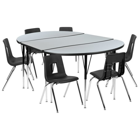 Flash Furniture Emmy 76" Oval Wave Flexible Laminate Activity Table Set with 18" Student Stack Chairs, Grey/Black
