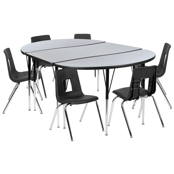 Flash Furniture Emmy 76" Oval Wave Flexible Laminate Activity Table Set with 18" Student Stack Chairs, Grey/Black