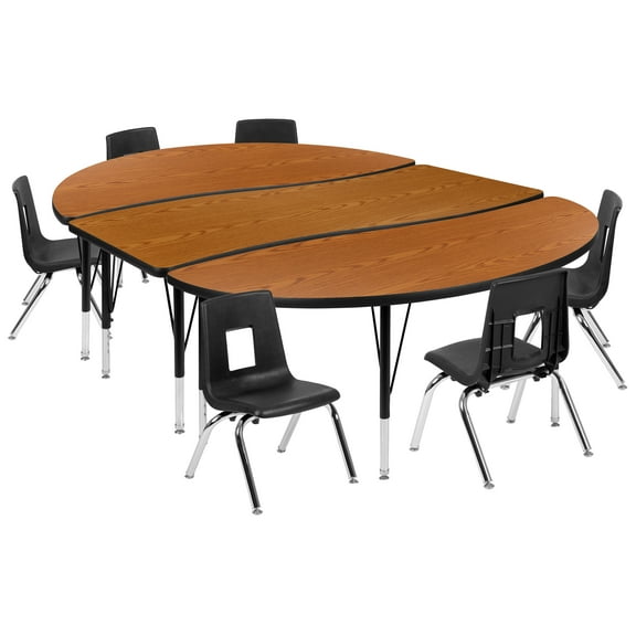 Flash Furniture Emmy 86" Oval Wave Flexible Laminate Activity Table Set with 12" Student Stack Chairs, Oak/Black
