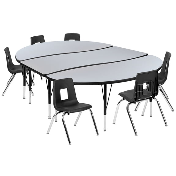 Flash Furniture Emmy 86" Oval Wave Flexible Laminate Activity Table Set with 14" Student Stack Chairs, Grey/Black