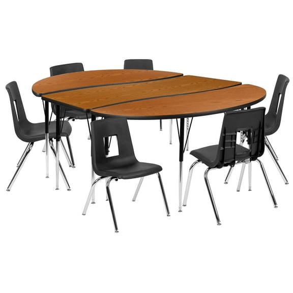 Flash Furniture Emmy 86" Oval Wave Flexible Laminate Activity Table Set with 16" Student Stack Chairs, Oak/Black