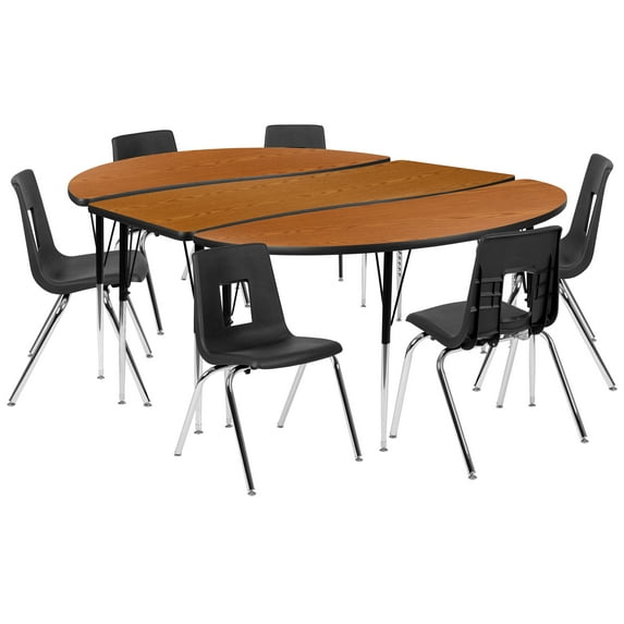 Flash Furniture Emmy 86" Oval Wave Flexible Laminate Activity Table Set with 18" Student Stack Chairs, Oak/Black