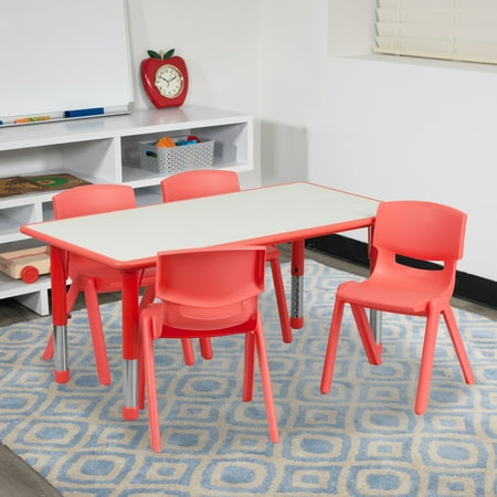 Flash Furniture Emmy Adjustable Classroom Activity Table with 4 Chairs, 23.625"W x 47.25"L, Red