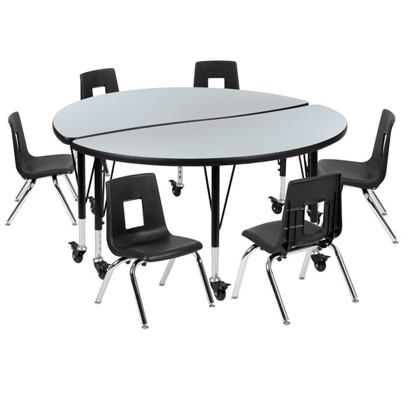 Flash Furniture Emmy Mobile 47.5" Circle Wave Flexible Laminate Activity Table Set with 12" Student Stack Chairs, Grey/Black