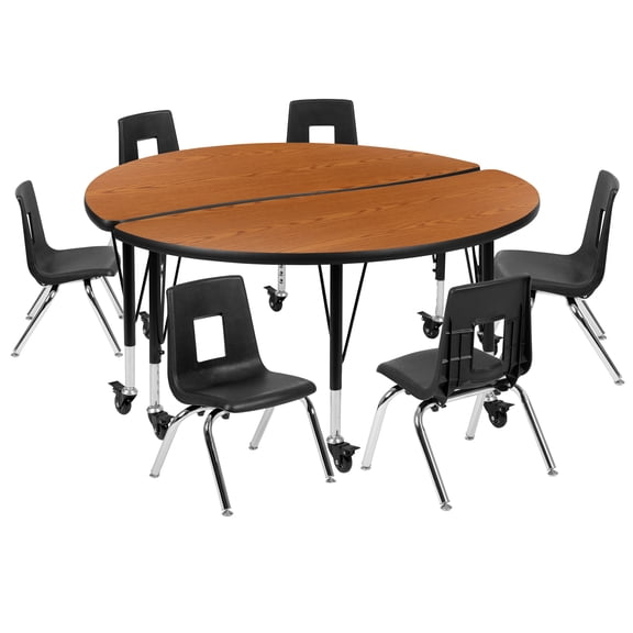 Flash Furniture Emmy Mobile 47.5" Circle Wave Flexible Laminate Activity Table Set with 12" Student Stack Chairs, Oak/Black