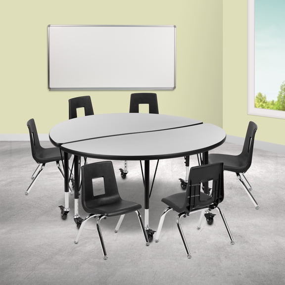 Flash Furniture Emmy Mobile 47.5" Circle Wave Flexible Laminate Activity Table Set with 14" Student Stack Chairs, Grey/Black