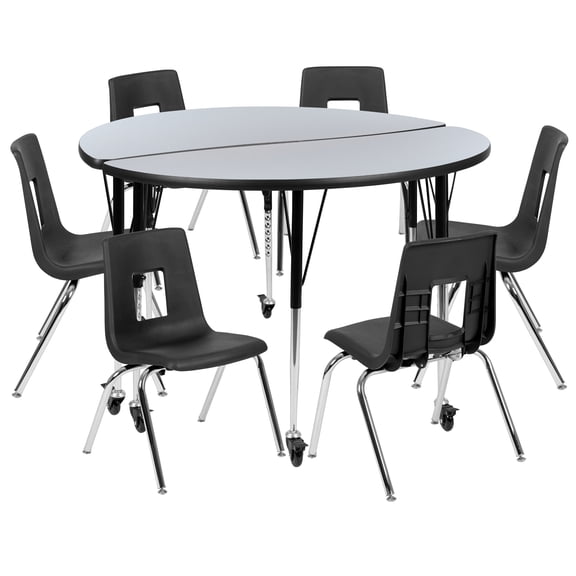 Flash Furniture Emmy Mobile 47.5" Circle Wave Flexible Laminate Activity Table Set with 16" Student Stack Chairs, Grey/Black