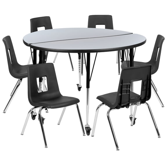 Flash Furniture Emmy Mobile 47.5" Circle Wave Flexible Laminate Activity Table Set with 18" Student Stack Chairs, Grey/Black