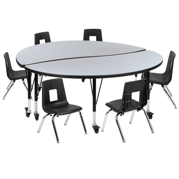 Flash Furniture Emmy Mobile 60" Circle Wave Flexible Laminate Activity Table Set with 12" Student Stack Chairs, Grey/Black