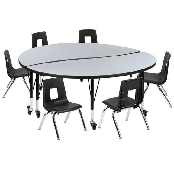 Flash Furniture Emmy Mobile 60" Circle Wave Flexible Laminate Activity Table Set with 14" Student Stack Chairs, Grey/Black