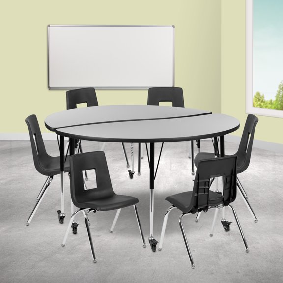 Flash Furniture Emmy Mobile 60" Circle Wave Flexible Laminate Activity Table Set with 16" Student Stack Chairs, Grey/Black