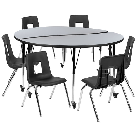 Flash Furniture Emmy Mobile 60" Circle Wave Flexible Laminate Activity Table Set with 18" Student Stack Chairs, Grey/Black