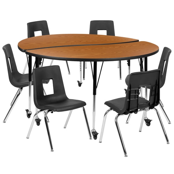 Flash Furniture Emmy Mobile 60" Circle Wave Flexible Laminate Activity Table Set with 18" Student Stack Chairs, Oak/Black