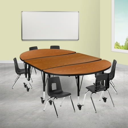 Flash Furniture Emmy Mobile 76" Oval Wave Flexible Laminate Activity Table Set with 12" Student Stack Chairs, Oak/Black