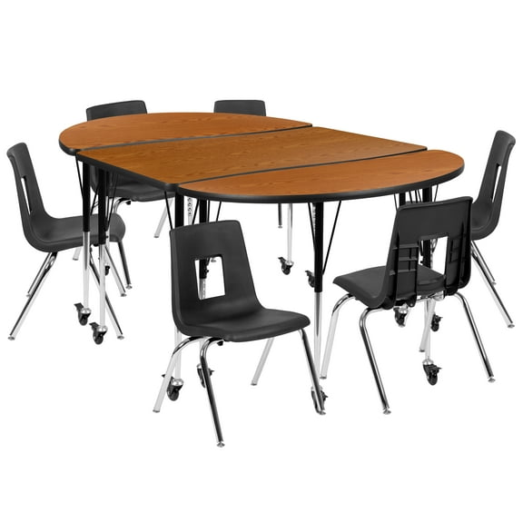 Flash Furniture Emmy Mobile 76" Oval Wave Flexible Laminate Activity Table Set with 16" Student Stack Chairs, Oak/Black