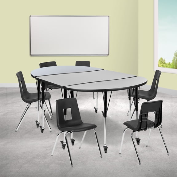 Flash Furniture Emmy Mobile 76" Oval Wave Flexible Laminate Activity Table Set with 18" Student Stack Chairs, Grey/Black