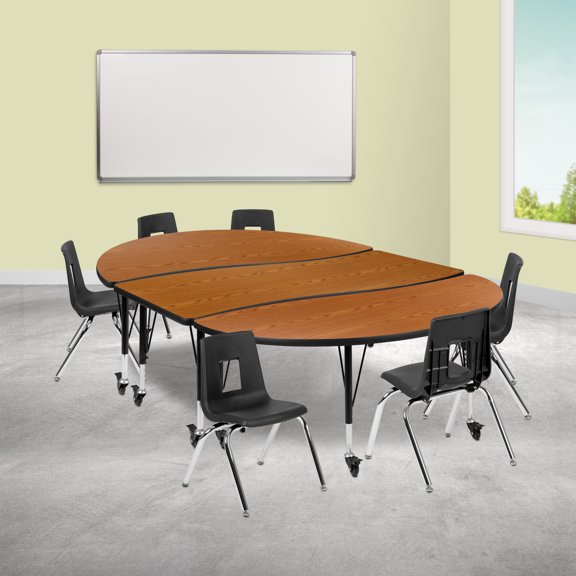 Flash Furniture Emmy Mobile 86" Oval Wave Flexible Laminate Activity Table Set with 14" Student Stack Chairs, Oak/Black