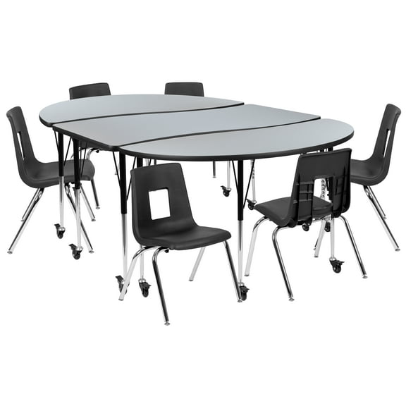 Flash Furniture Emmy Mobile 86" Oval Wave Flexible Laminate Activity Table Set with 16" Student Stack Chairs, Grey/Black
