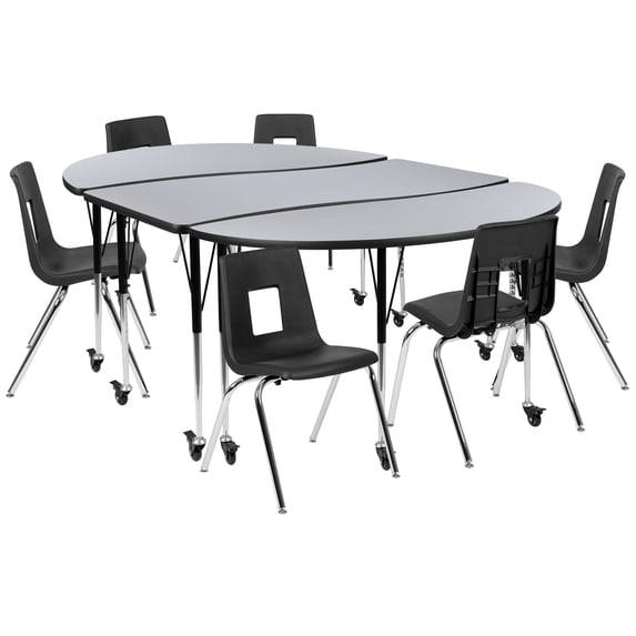 Flash Furniture Emmy Mobile 86" Oval Wave Flexible Laminate Activity Table Set with 18" Student Stack Chairs, Grey/Black