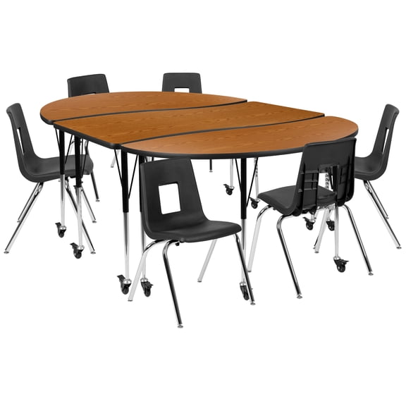 Flash Furniture Emmy Mobile 86" Oval Wave Flexible Laminate Activity Table Set with 18" Student Stack Chairs, Oak/Black