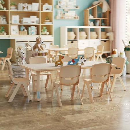 Flash Furniture Emmy Rectangular Adjustable Activity Table with 6 Stacking Chairs, Natural