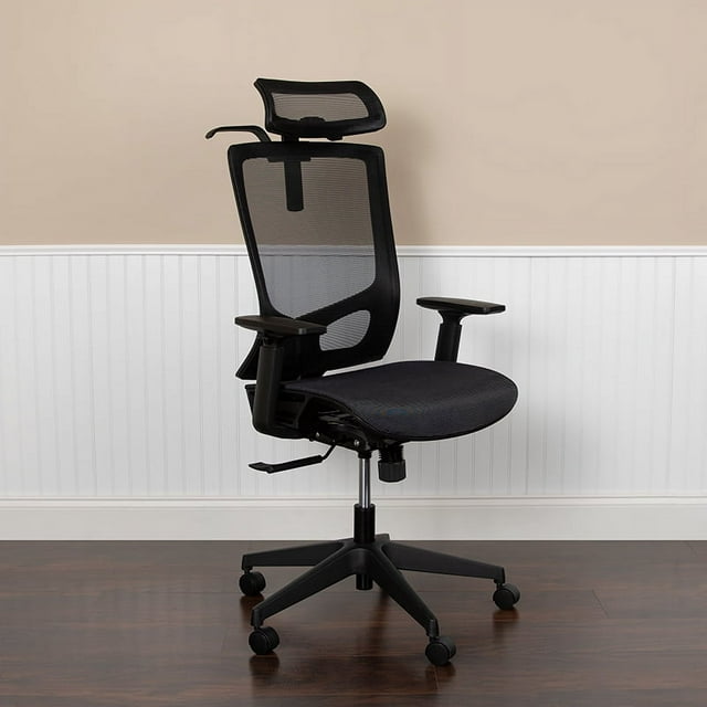 Flash Furniture Ergonomic Mesh Office Chair with Synchro-Tilt, Pivot Adjustable Headrest, Lumbar Support, Coat Hanger and Adjustable Arms in Black [H-2809-1KY-BK-GG]