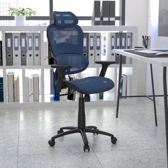Flash Furniture Ergonomic Mesh Office Chair with 2-to-1 Synchro-Tilt, Adjustable Headrest, Lumbar Support, and Adjustable Pivot Arms in Blue