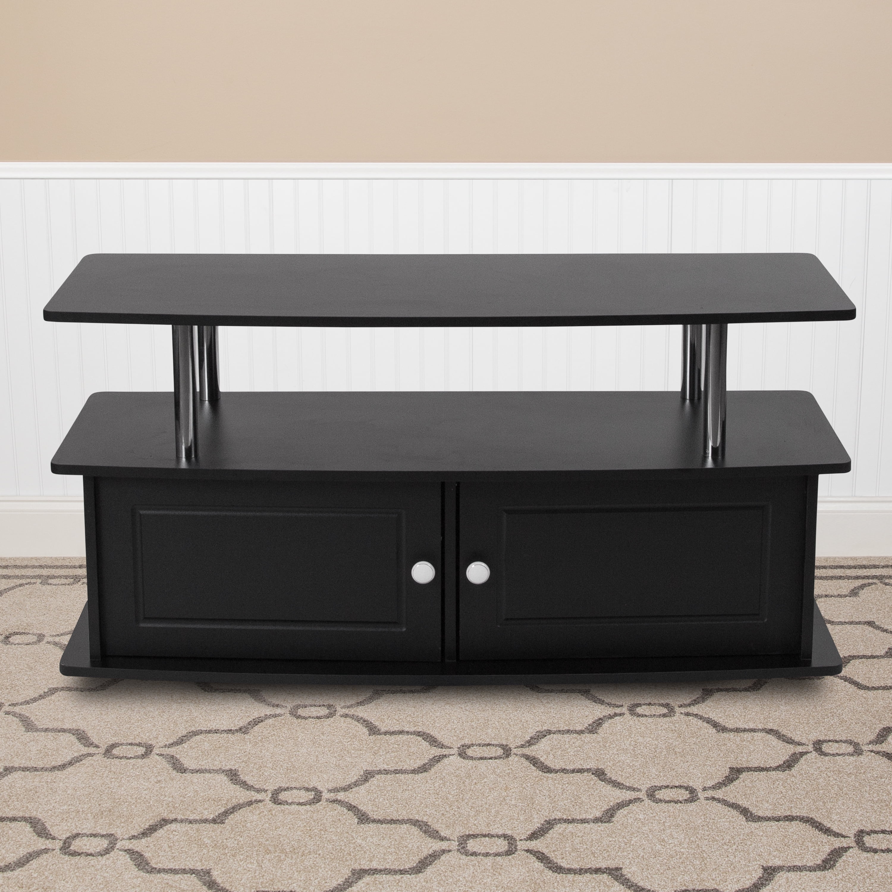 Flash Furniture Evanston Black TV Stand with Shelves, Cabinet and Stainless Steel Tubing