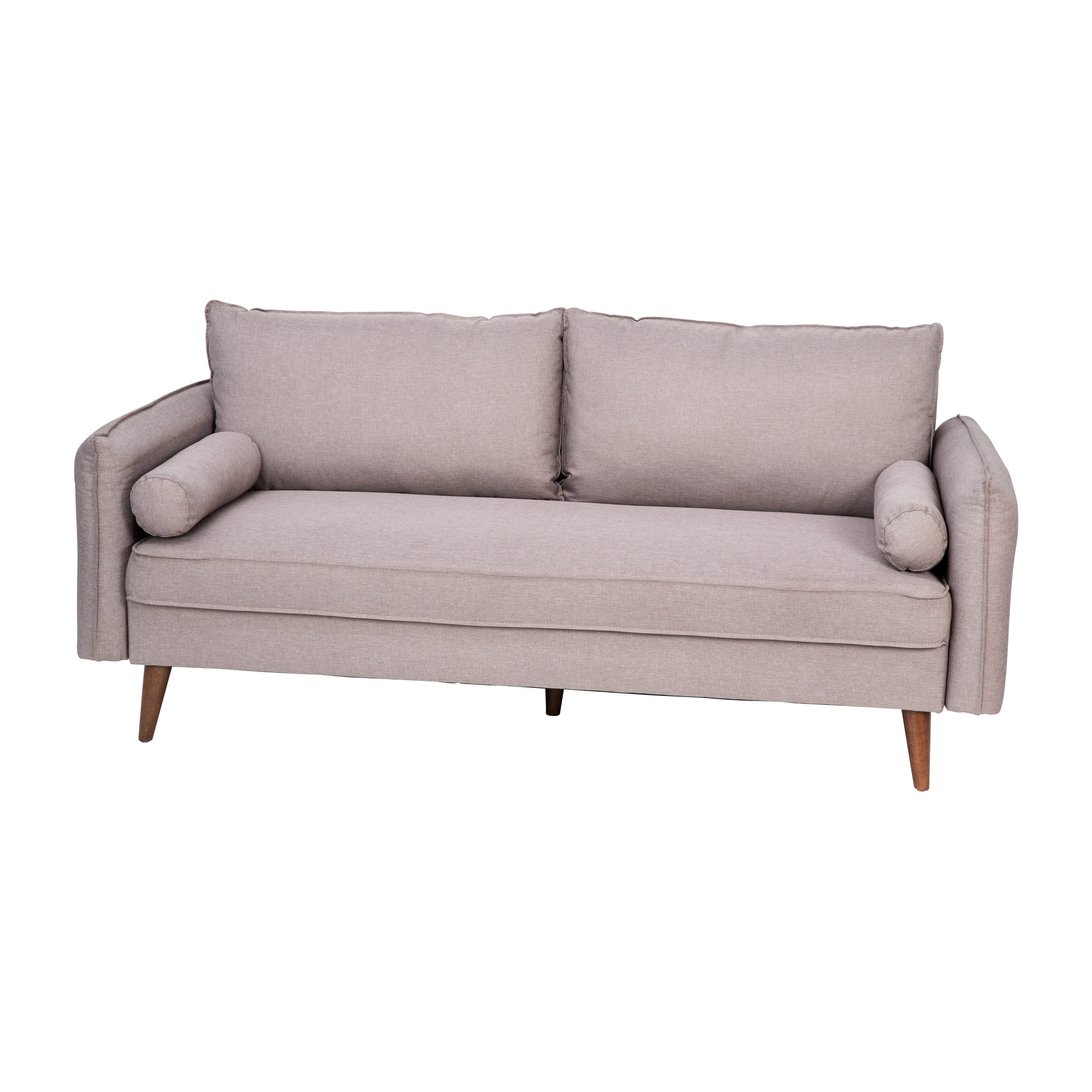 Taupe Linen Tufted Sofa with Removable Cushions and Wood Legs