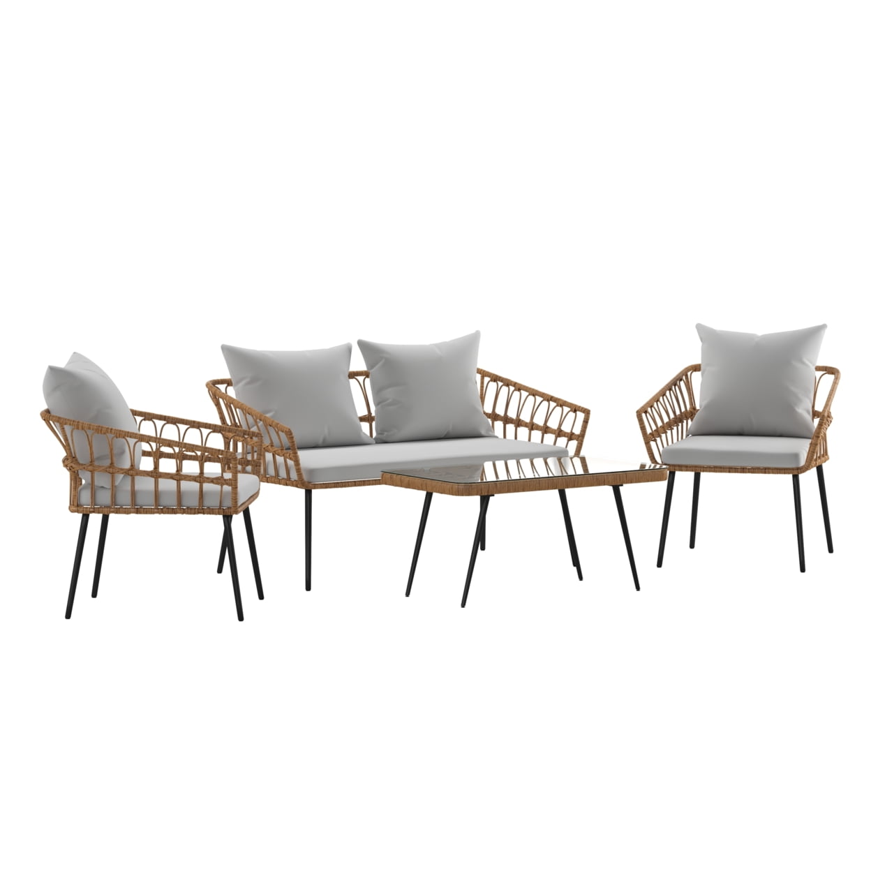 Gray and Natural Wicker Rattan 4-Piece Patio Conversation Set with Glass Table