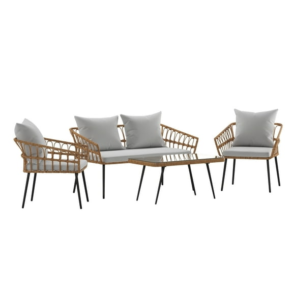 Flash Furniture Evin Boho 4 Piece Indoor/Outdoor Rope Rattan Patio Conversation Set with Tempered Glass Top Coffee Table and Gray Cushions, Natural