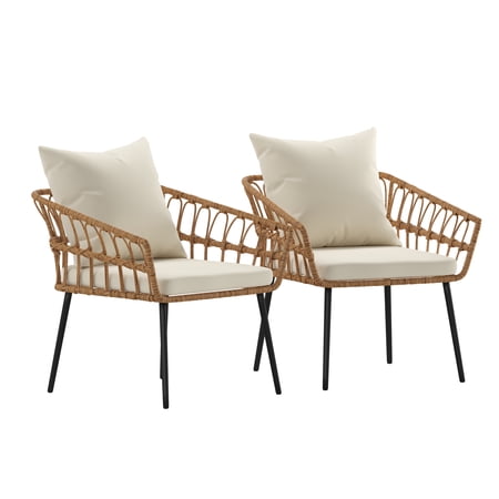Flash Furniture Evin Set of 2 Boho Indoor/Outdoor Rope Rattan Wicker Patio Chairs with Cream All-Weather Cushions, Natural