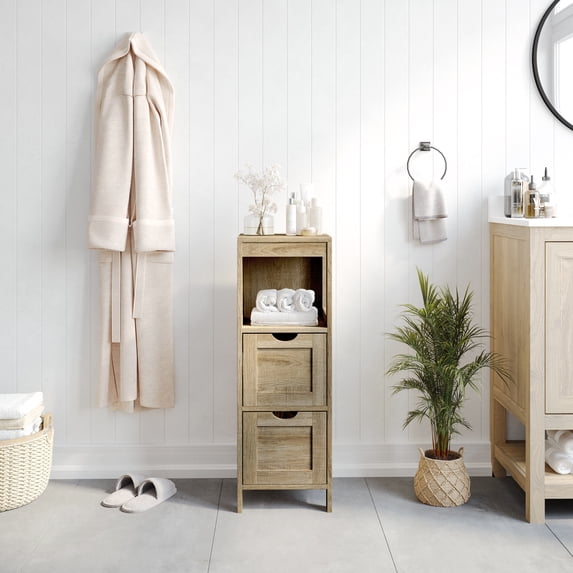 Flash Furniture Farmhouse Bathroom Storage Organizer with Two Removable Drawers and Open Display Shelf in Brown