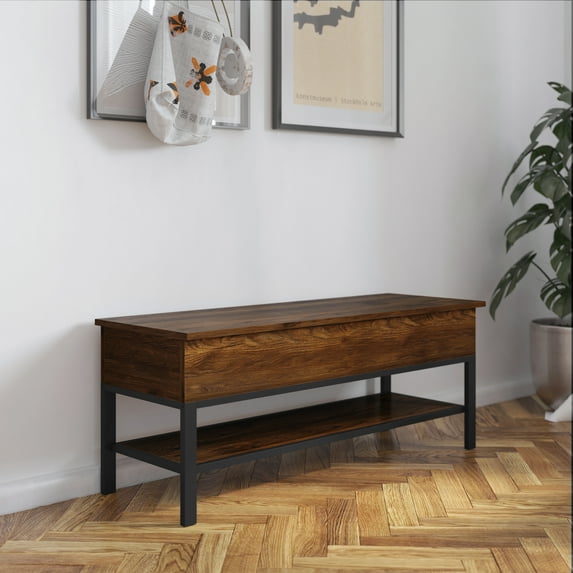 Flash Furniture Farmhouse Entryway Storage Bench with Lower Shelf Perfect for Entryway, Mudroom, or Bedroom in Walnut