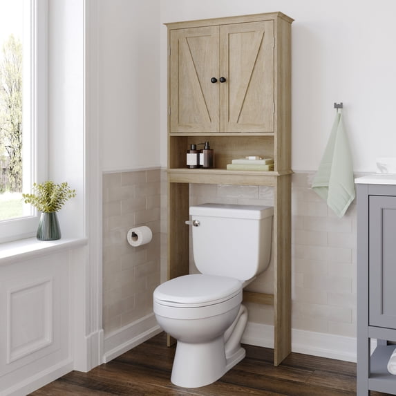 Flash Furniture Farmhouse Over the Toilet Shelf Cabinet, Magnetic Close Doors, Adjustable In-Cabinet Shelf, Lower Open Shelf, Metal Handles and Hinges, Brown
