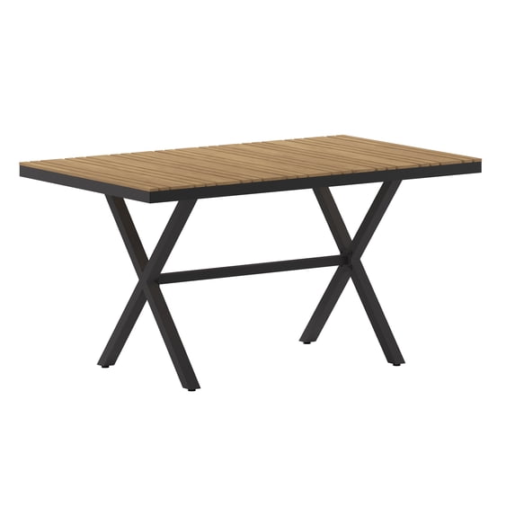 Flash Furniture Finch Commercial Grade X-Frame Outdoor Dining Table 59" x 35.5" with Faux Teak Poly Slats and Metal Frame, Natural/Gray