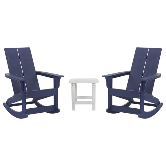 Flash Furniture Finn 3-Piece Adirondack Rocking Patio Chair and Side Table Set, Navy