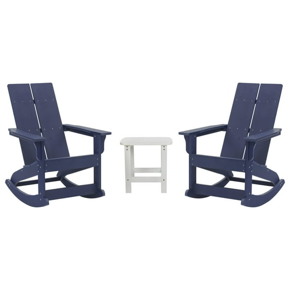 Flash Furniture Finn 3-Piece Adirondack Rocking Patio Chair and Side Table Set, Navy